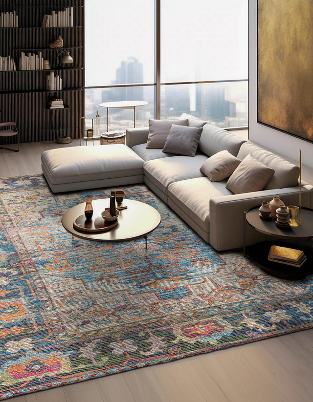 Multicolor 7' 10 x 7' 10 Chenille Jute Square Area Rug Vintage Distressed Boho All Natural Eco-Friendly Sustainable Carpet for Living Dining Office Dorm Rooms for Sale at Rug Engine