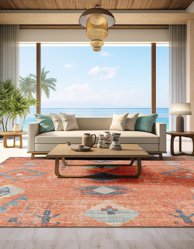 Rust Red 7' 10 x 7' 10 Chenille Jute Square Area Rug Vintage Distressed Boho All Natural Eco-Friendly Sustainable Carpet for Living Dining Office Dorm Rooms for Sale at Rug Engine