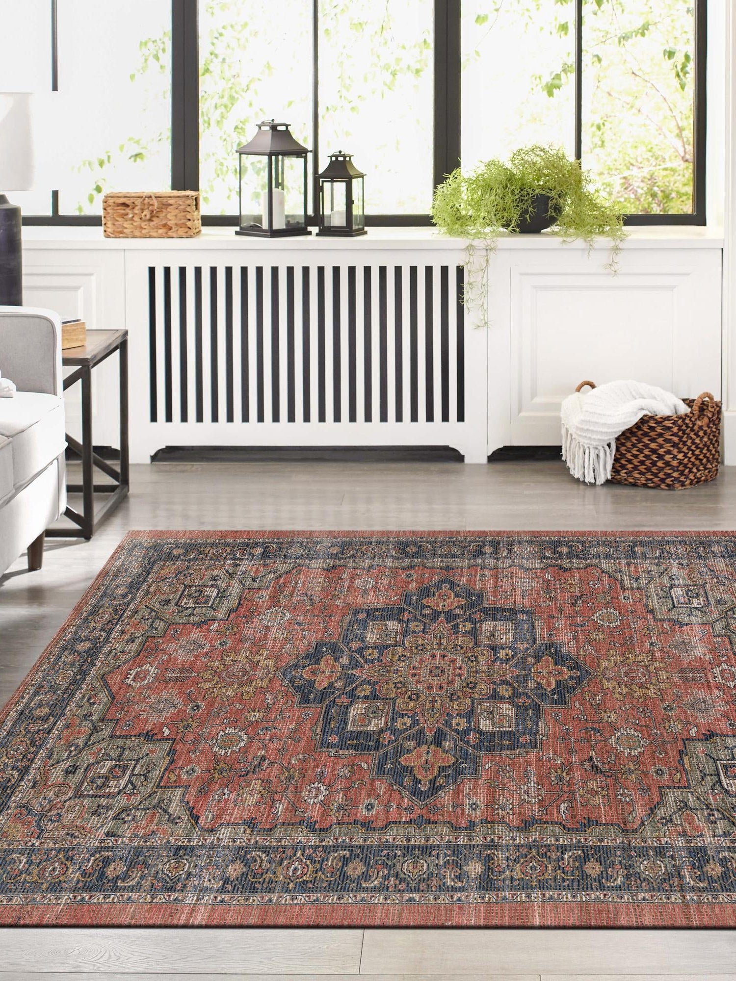 Antique Red 7' 10 x 10' Chenille Jute Rectangle Area Rug Vintage Distressed Boho All Natural Eco-Friendly Sustainable Carpet for Living Dining Office Dorm Rooms for Sale at Rug Engine