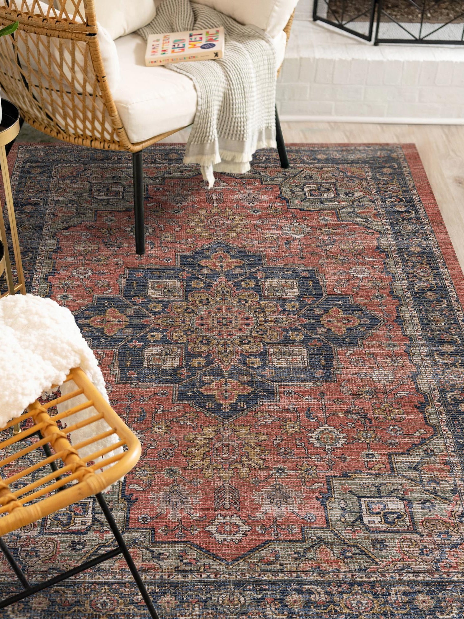 Antique Red 4' 1 x 6' 1 Chenille Jute Rectangle Area Rug Vintage Distressed Boho All Natural Eco-Friendly Sustainable Carpet for Living Dining Office Dorm Rooms for Sale at Rug Engine