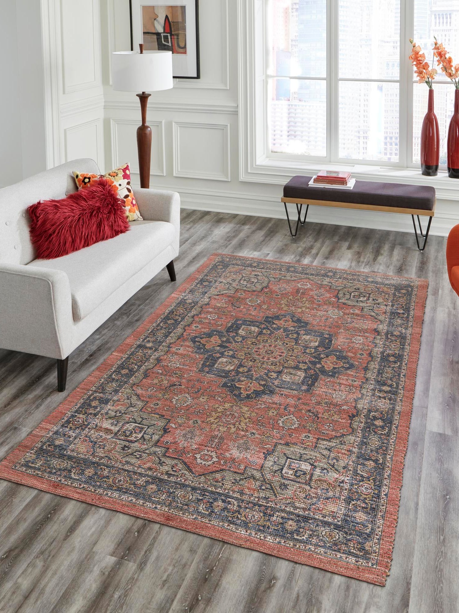 Antique Red 7' 10 x 10' Chenille Jute Rectangle Area Rug Vintage Distressed Boho All Natural Eco-Friendly Sustainable Carpet for Living Dining Office Dorm Rooms for Sale at Rug Engine