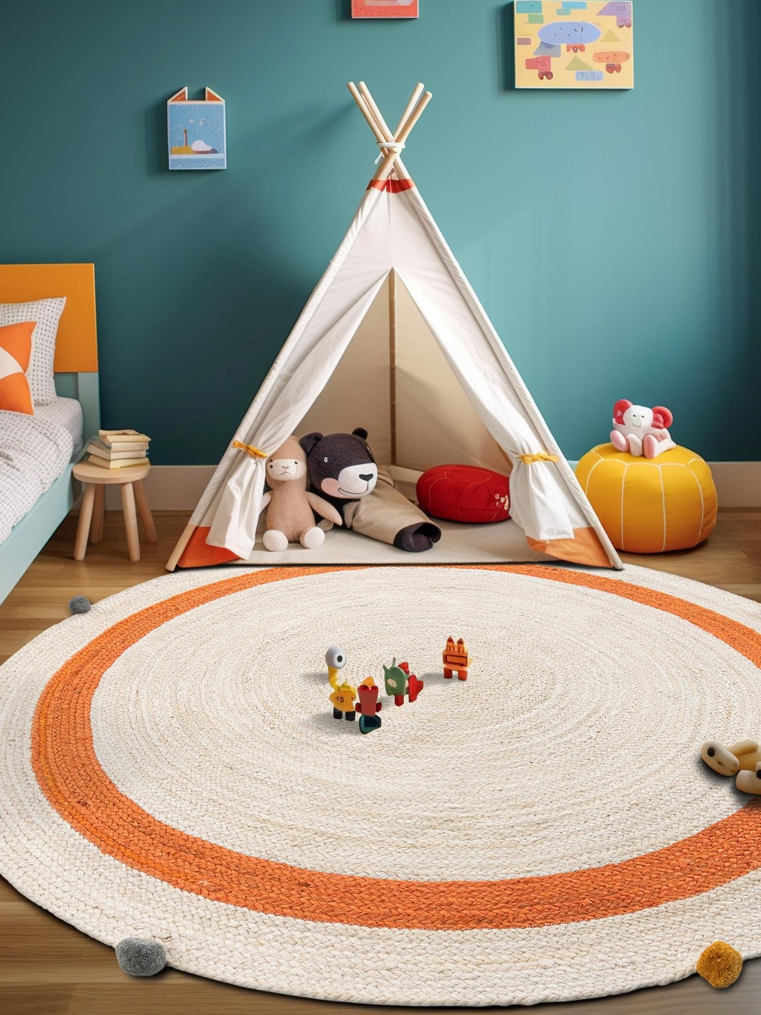 White 5' 1 x 5' 1 Kids Braided Jute Round Area Rug for Baby Nursery, Toddler Playroom,  Bedrooms All Natural Eco-Friendly Sustainable Carpet for Sale at Rug Engine