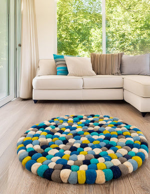 Blue 3' 1 x 3' 1 Felt Ball Round Area Rug Stunning All Natural 100% Wool Luxury Hand Woven Carpet for Modern Home Interiors Soft Touch Marshmallow Rug for Sale at Rug Engine