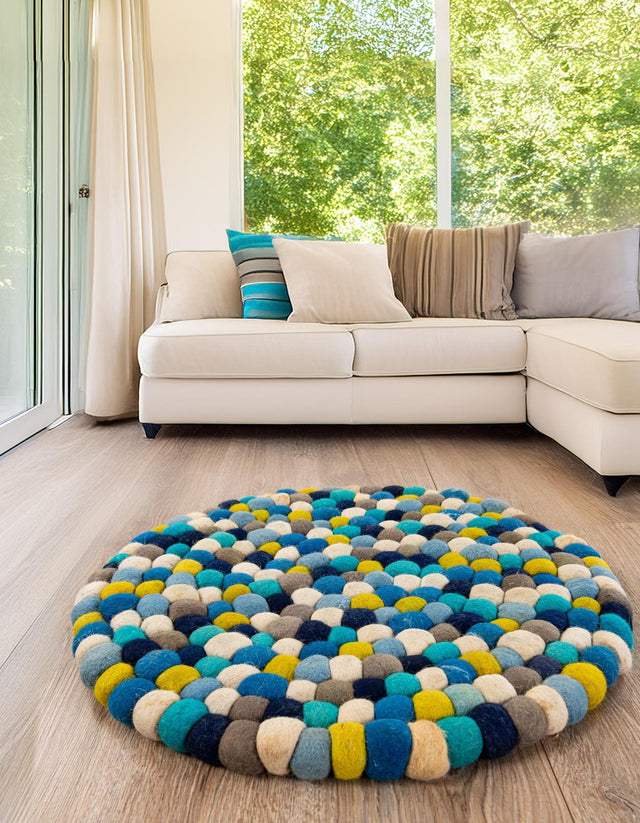 Blue 3' 1 x 3' 1 Felt Ball Round Area Rug Stunning All Natural 100% Wool Luxury Hand Woven Carpet for Modern Home Interiors Soft Touch Marshmallow Rug for Sale at Rug Engine