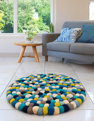 Blue 3' 1 x 3' 1 Felt Ball Round Area Rug Stunning All Natural 100% Wool Luxury Hand Woven Carpet for Modern Home Interiors Soft Touch Marshmallow Rug for Sale at Rug Engine