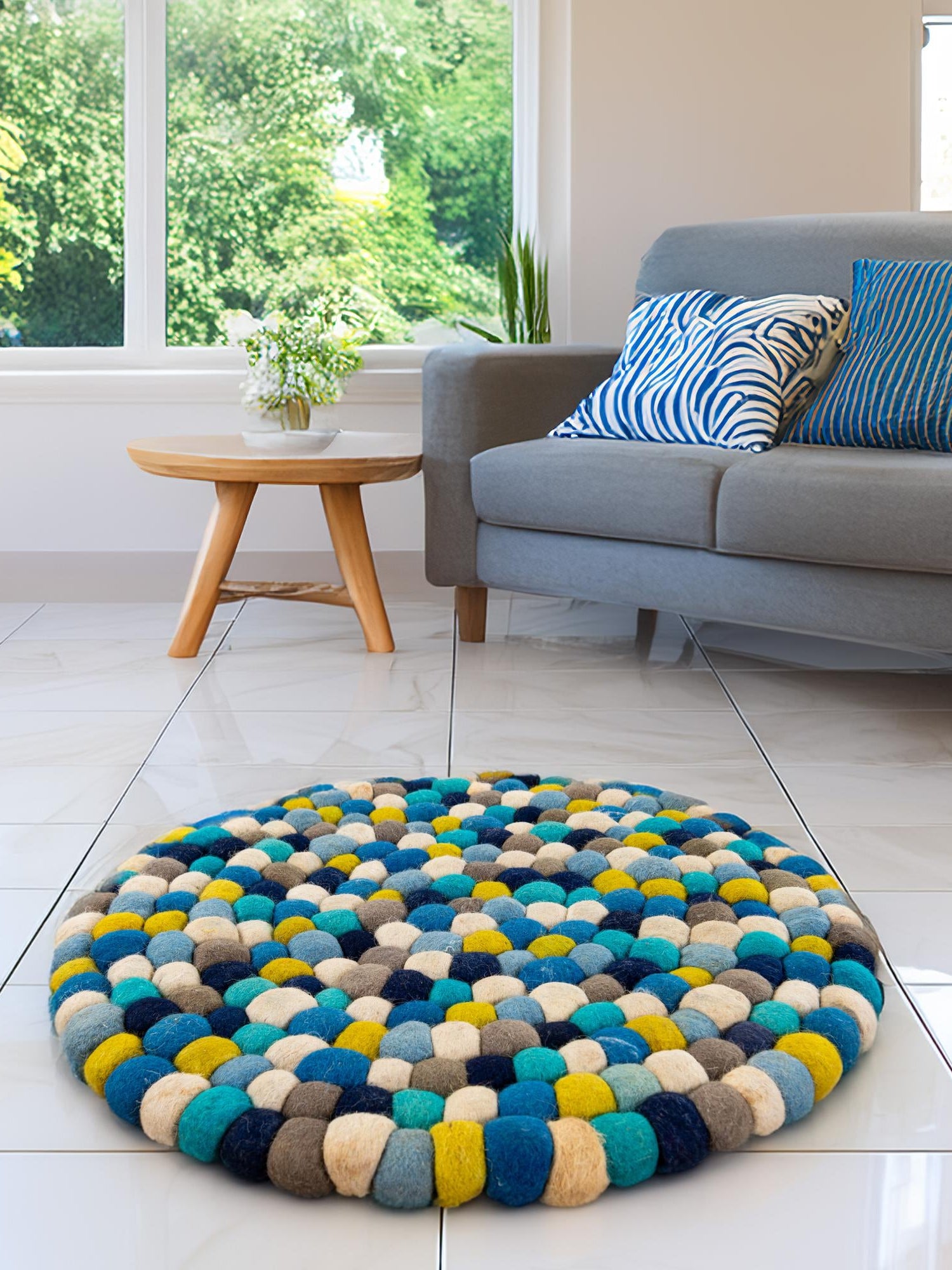 Blue 6' 1 x 6' 1 Felt Ball Round Area Rug Stunning All Natural 100% Wool Luxury Hand Woven Carpet for Modern Home Interiors Soft Touch Marshmallow Rug for Sale at Rug Engine