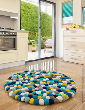 Blue 6' 1 x 6' 1 Felt Ball Round Area Rug Stunning All Natural 100% Wool Luxury Hand Woven Carpet for Modern Home Interiors Soft Touch Marshmallow Rug for Sale at Rug Engine