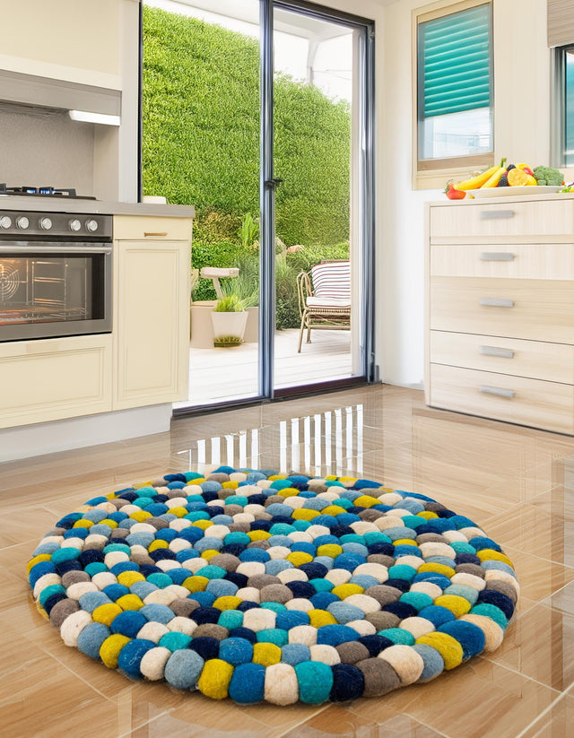 Blue 5' 1 x 5' 1 Felt Ball Round Area Rug Stunning All Natural 100% Wool Luxury Hand Woven Carpet for Modern Home Interiors Soft Touch Marshmallow Rug for Sale at Rug Engine