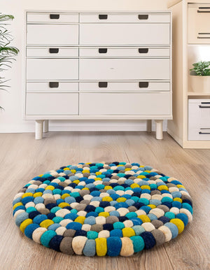 Blue 2' x 2' Felt Ball Round Area Rug Stunning All Natural 100% Wool Luxury Hand Woven Carpet for Modern Home Interiors Soft Touch Marshmallow Rug for Sale at Rug Engine