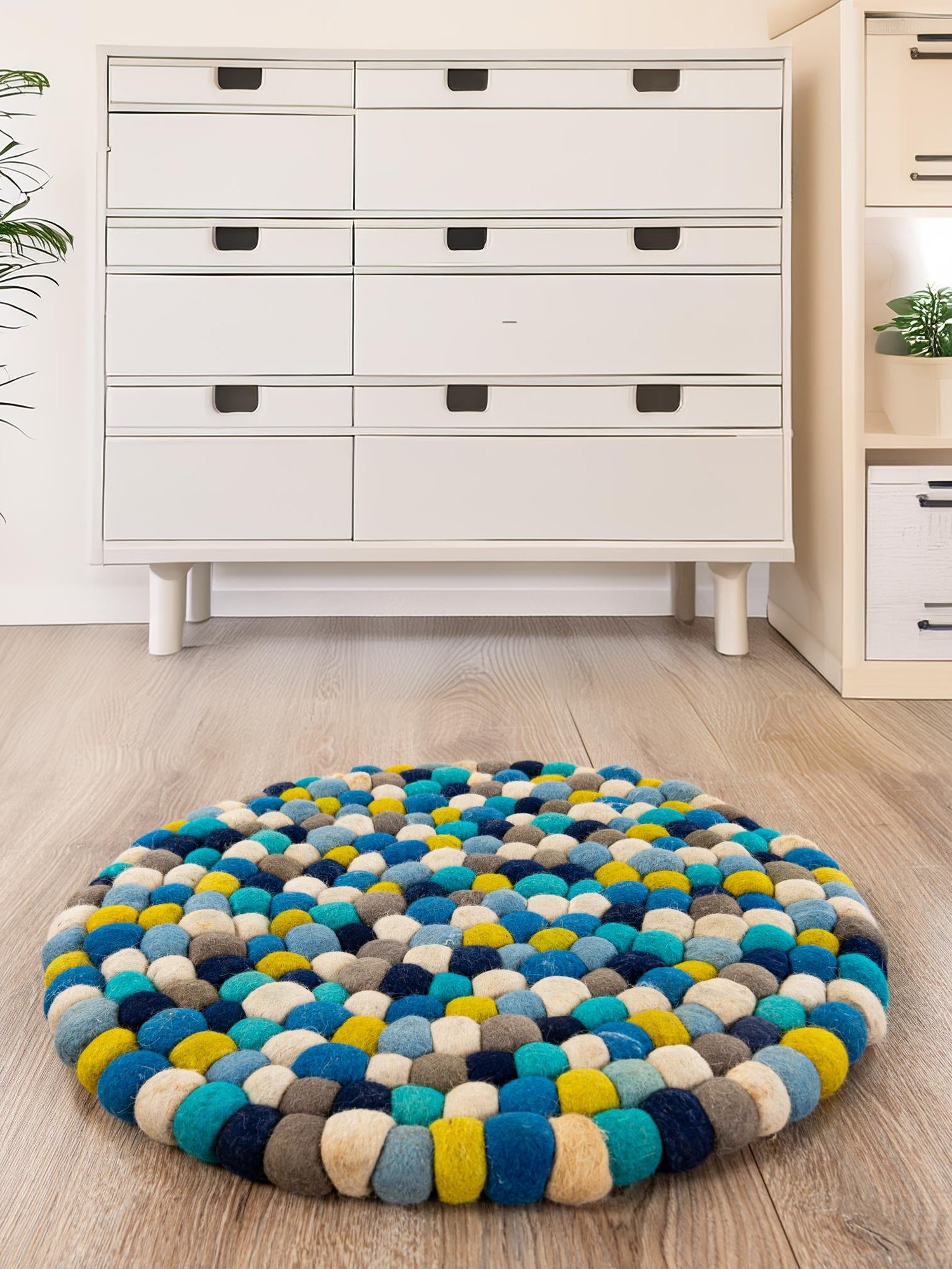Blue 4' 1 x 4' 1 Felt Ball Round Area Rug Stunning All Natural 100% Wool Luxury Hand Woven Carpet for Modern Home Interiors Soft Touch Marshmallow Rug for Sale at Rug Engine