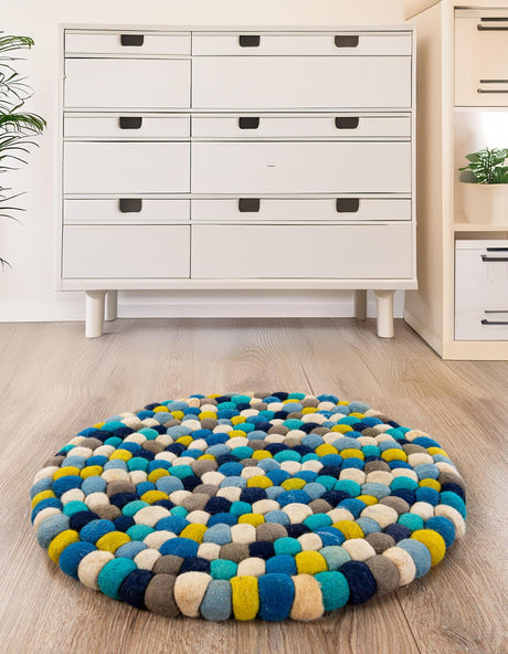 Blue 4' 1 x 4' 1 Felt Ball Round Area Rug Stunning All Natural 100% Wool Luxury Hand Woven Carpet for Modern Home Interiors Soft Touch Marshmallow Rug for Sale at Rug Engine