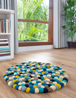 Blue 4' 1 x 4' 1 Felt Ball Round Area Rug Stunning All Natural 100% Wool Luxury Hand Woven Carpet for Modern Home Interiors Soft Touch Marshmallow Rug for Sale at Rug Engine