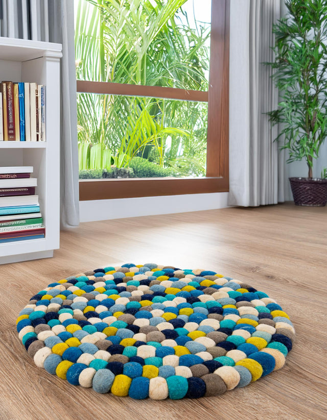 Blue 7' 10 x 7' 10 Felt Ball Round Area Rug Stunning All Natural 100% Wool Luxury Hand Woven Carpet for Modern Home Interiors Soft Touch Marshmallow Rug for Sale at Rug Engine