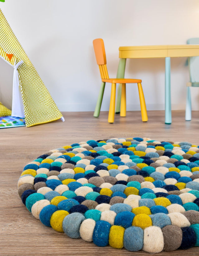 Blue 2' x 2' Felt Ball Round Area Rug Stunning All Natural 100% Wool Luxury Hand Woven Carpet for Modern Home Interiors Soft Touch Marshmallow Rug for Sale at Rug Engine