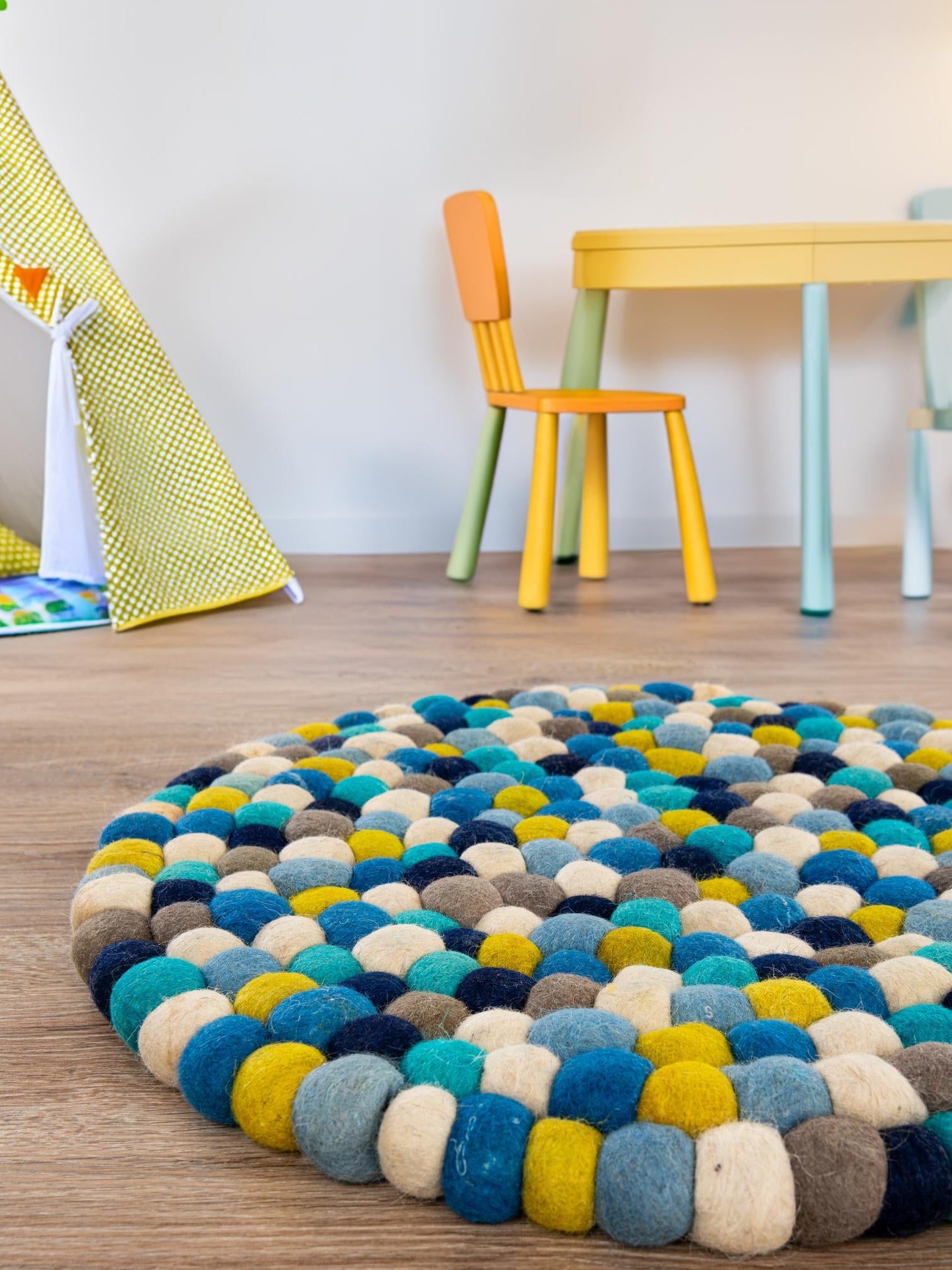 Blue 6' 1 x 6' 1 Felt Ball Round Area Rug Stunning All Natural 100% Wool Luxury Hand Woven Carpet for Modern Home Interiors Soft Touch Marshmallow Rug for Sale at Rug Engine