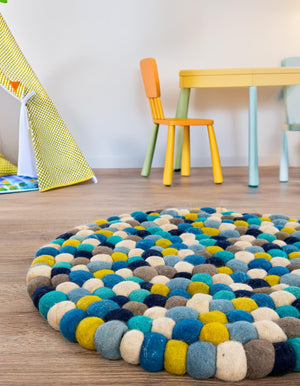 Blue 3' 1 x 3' 1 Felt Ball Round Area Rug Stunning All Natural 100% Wool Luxury Hand Woven Carpet for Modern Home Interiors Soft Touch Marshmallow Rug for Sale at Rug Engine