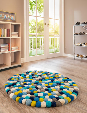 Blue 2' x 2' Felt Ball Round Area Rug Stunning All Natural 100% Wool Luxury Hand Woven Carpet for Modern Home Interiors Soft Touch Marshmallow Rug for Sale at Rug Engine