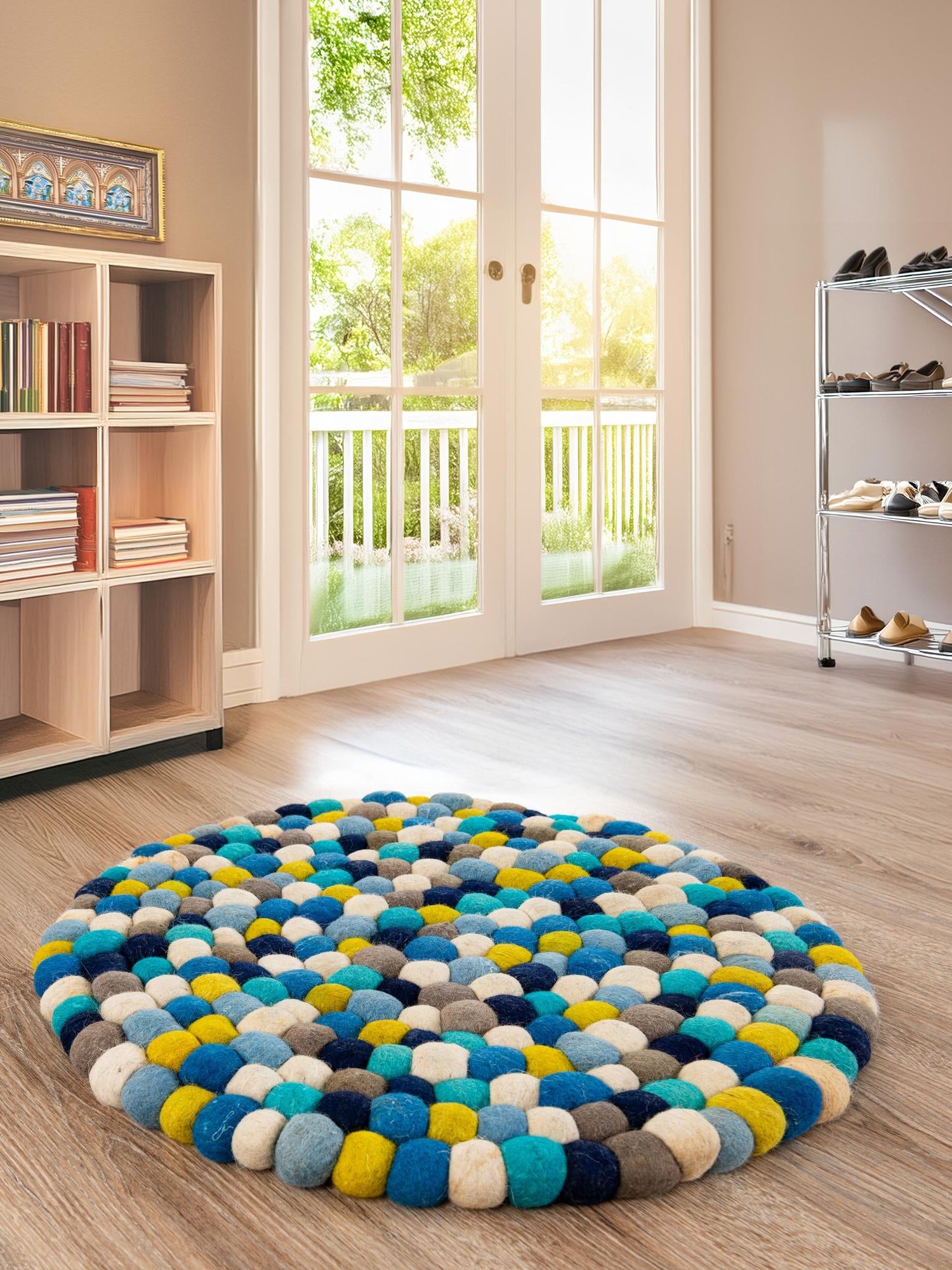 Blue 4' 1 x 4' 1 Felt Ball Round Area Rug Stunning All Natural 100% Wool Luxury Hand Woven Carpet for Modern Home Interiors Soft Touch Marshmallow Rug for Sale at Rug Engine