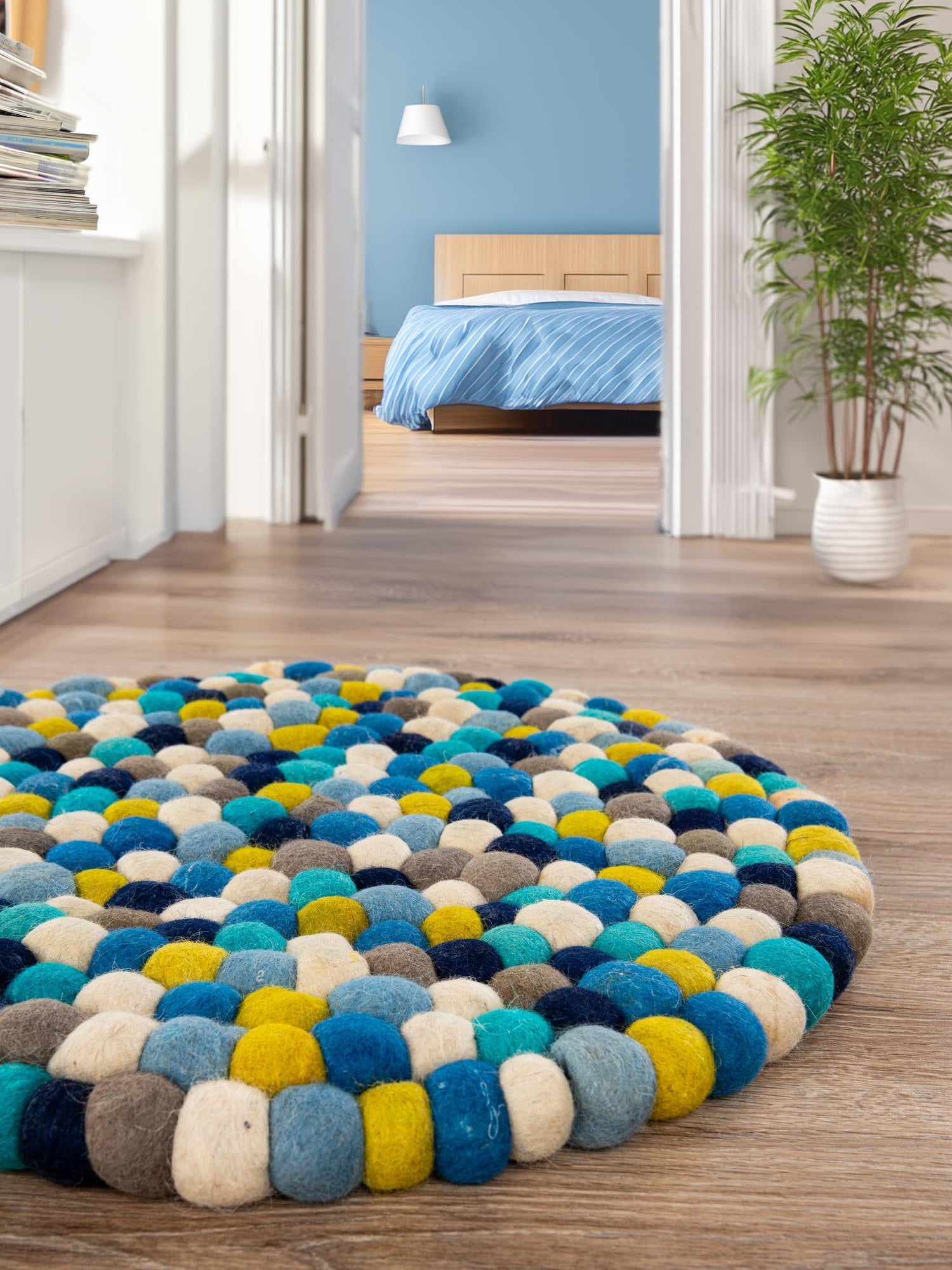 Blue 4' 1 x 4' 1 Felt Ball Round Area Rug Stunning All Natural 100% Wool Luxury Hand Woven Carpet for Modern Home Interiors Soft Touch Marshmallow Rug for Sale at Rug Engine