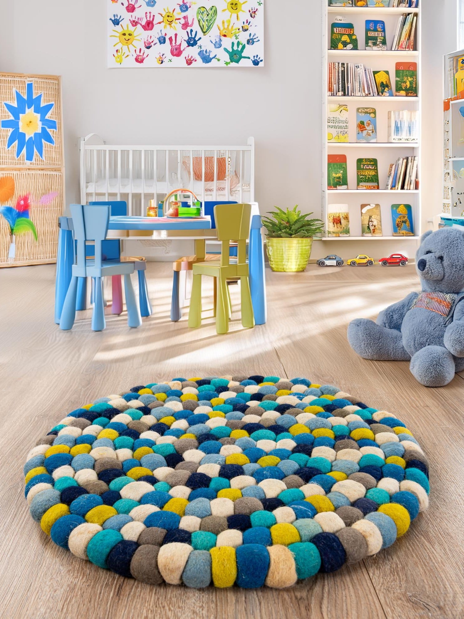 Blue 4' 1 x 4' 1 Felt Ball Round Area Rug Stunning All Natural 100% Wool Luxury Hand Woven Carpet for Modern Home Interiors Soft Touch Marshmallow Rug for Sale at Rug Engine