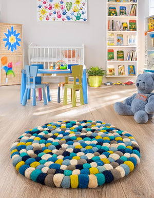 Blue 4' 1 x 4' 1 Felt Ball Round Area Rug Stunning All Natural 100% Wool Luxury Hand Woven Carpet for Modern Home Interiors Soft Touch Marshmallow Rug for Sale at Rug Engine