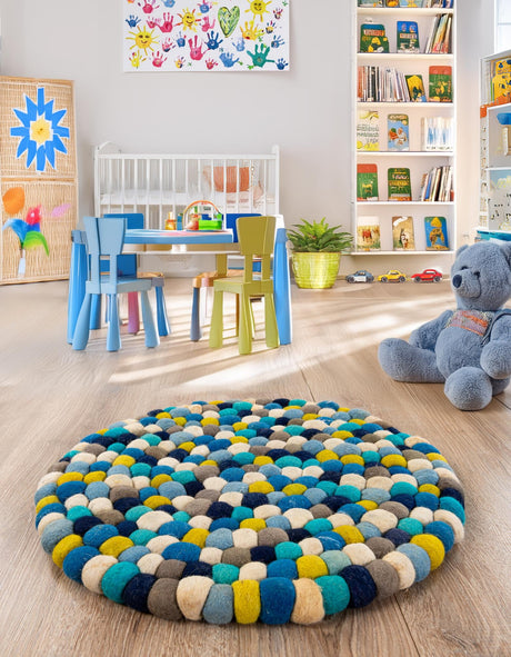 Blue 3' 1 x 3' 1 Felt Ball Round Area Rug Stunning All Natural 100% Wool Luxury Hand Woven Carpet for Modern Home Interiors Soft Touch Marshmallow Rug for Sale at Rug Engine
