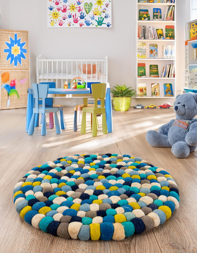 Blue 3' 1 x 3' 1 Felt Ball Round Area Rug Stunning All Natural 100% Wool Luxury Hand Woven Carpet for Modern Home Interiors Soft Touch Marshmallow Rug for Sale at Rug Engine