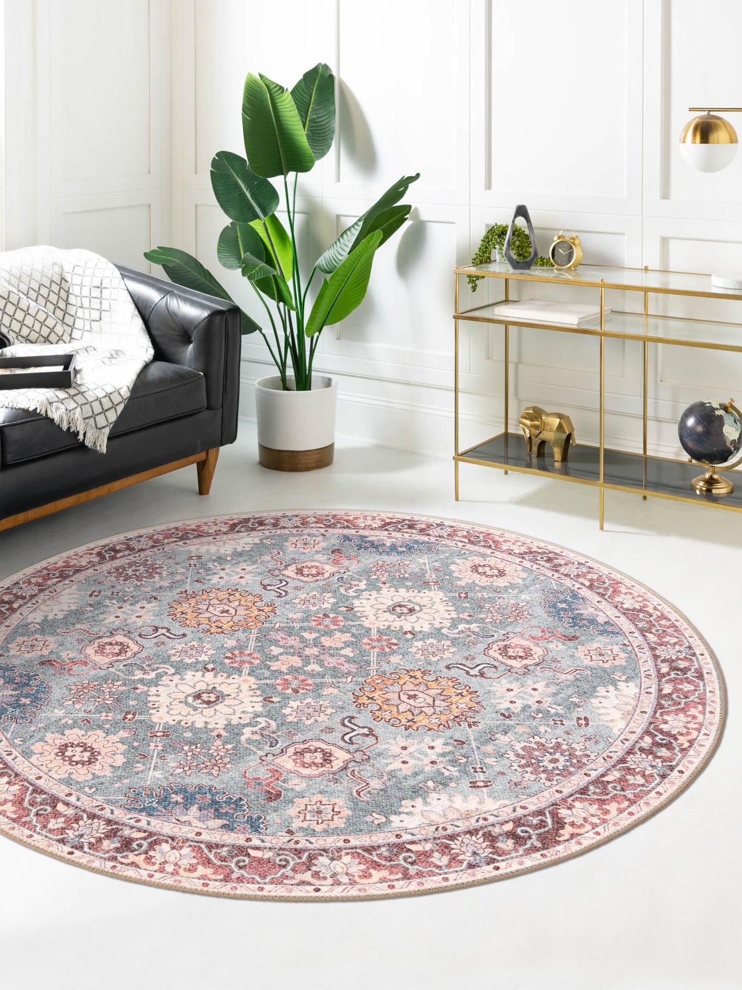 Washable Green 3' 6 x 3' 6 Timeless Round Area Rug Easy to Clean Stain Resistant & Durable Traditional Classic Vintage Design Carpet for Sale at Rug Engine