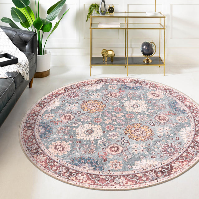 Washable Green 5' 1 x 5' 1 Timeless Round Area Rug Easy to Clean Stain Resistant & Durable Traditional Classic Vintage Design Carpet for Sale at Rug Engine