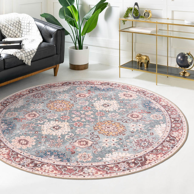 Washable Green 5' 1 x 5' 1 Timeless Round Area Rug Easy to Clean Stain Resistant & Durable Traditional Classic Vintage Design Carpet for Sale at Rug Engine