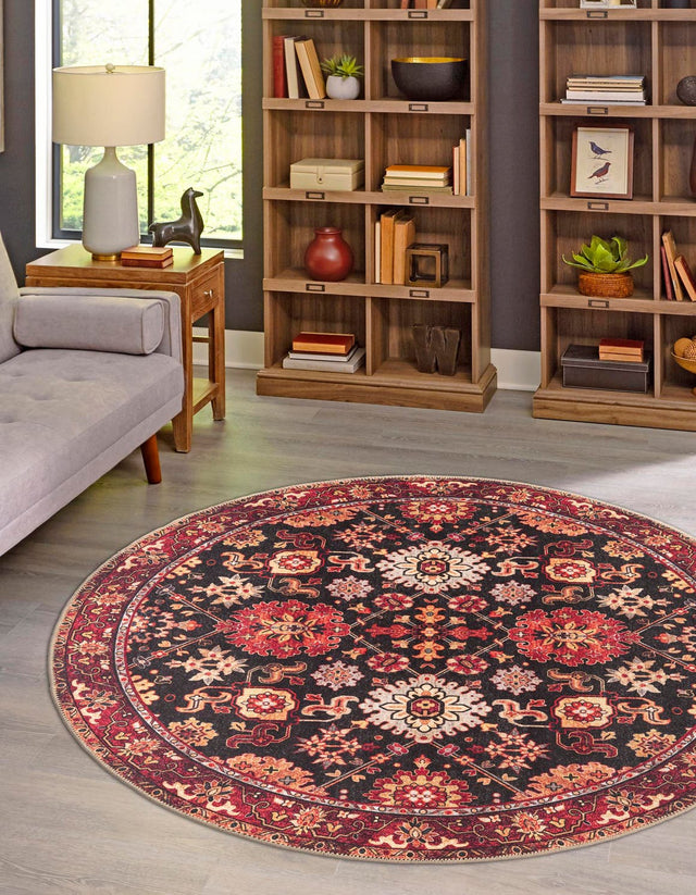 Washable Black 3' 6 x 3' 6 Timeless Round Area Rug Easy to Clean Stain Resistant & Durable Traditional Classic Vintage Design Carpet for Sale at Rug Engine