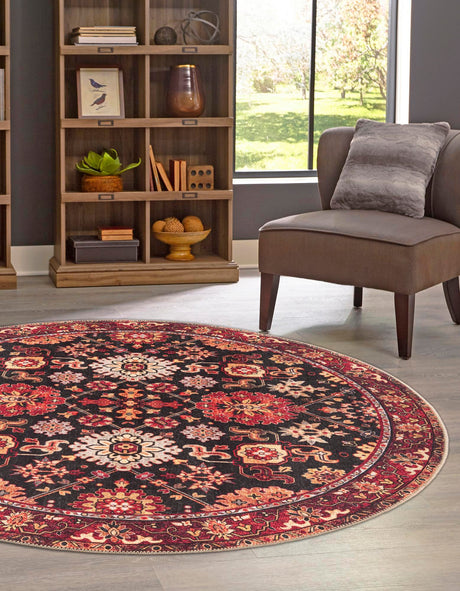 Washable Black 7' 10 x 7' 10 Timeless Round Area Rug Easy to Clean Stain Resistant & Durable Traditional Classic Vintage Design Carpet for Sale at Rug Engine