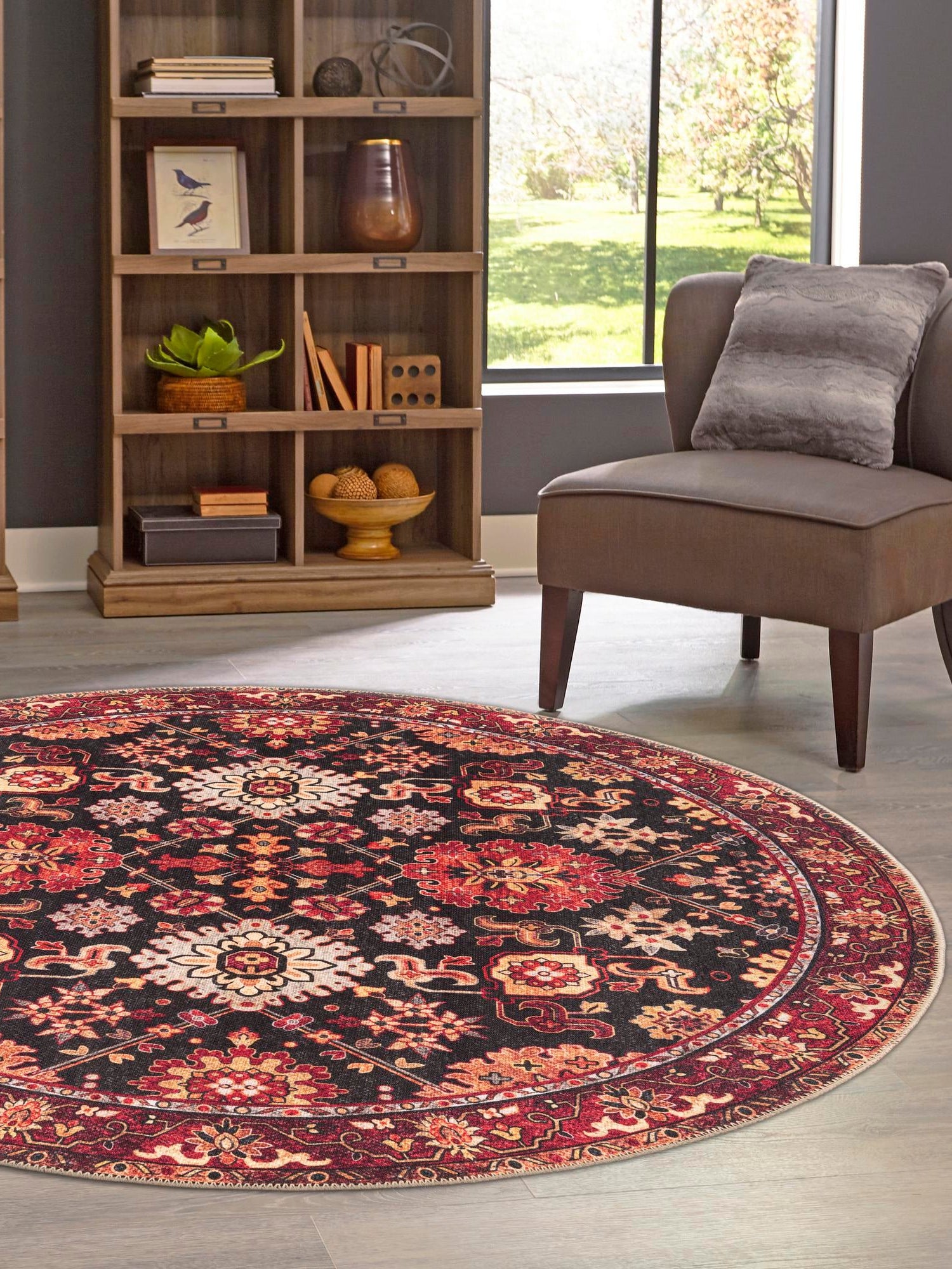 Washable Black 5' 1 x 5' 1 Timeless Round Area Rug Easy to Clean Stain Resistant & Durable Traditional Classic Vintage Design Carpet for Sale at Rug Engine