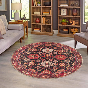 Washable Black 2' x 2' Timeless Round Area Rug Easy to Clean Stain Resistant & Durable Traditional Classic Vintage Design Carpet for Sale at Rug Engine