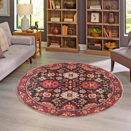 Washable Black 2' x 2' Timeless Round Area Rug Easy to Clean Stain Resistant & Durable Traditional Classic Vintage Design Carpet for Sale at Rug Engine