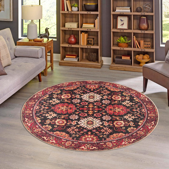 Washable Black 2' x 2' Timeless Round Area Rug Easy to Clean Stain Resistant & Durable Traditional Classic Vintage Design Carpet for Sale at Rug Engine