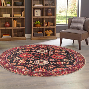 Washable Black 2' x 2' Timeless Round Area Rug Easy to Clean Stain Resistant & Durable Traditional Classic Vintage Design Carpet for Sale at Rug Engine