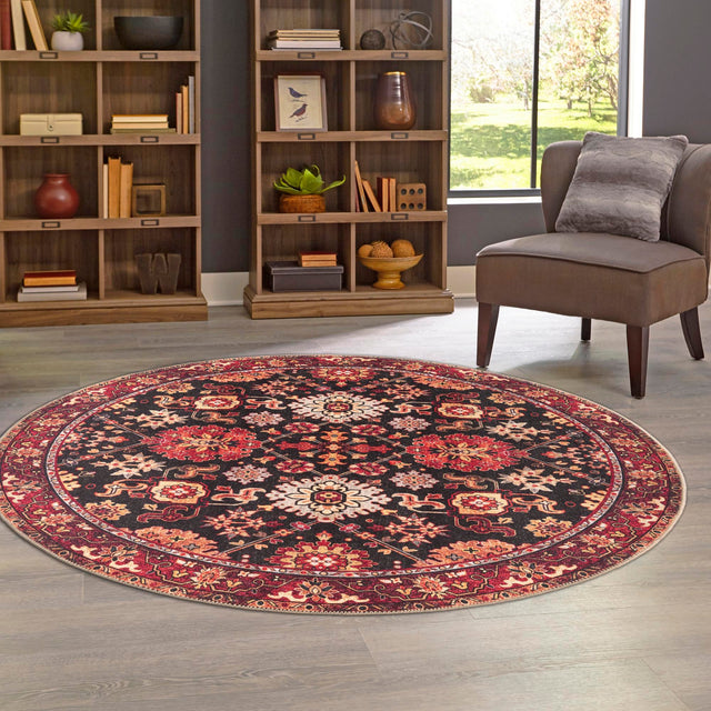Washable Black 2' x 2' Timeless Round Area Rug Easy to Clean Stain Resistant & Durable Traditional Classic Vintage Design Carpet for Sale at Rug Engine