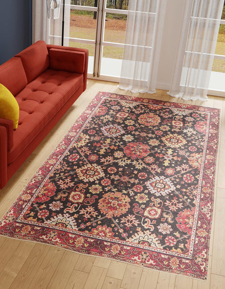 Washable Black 4' 1 x 6' 1 Timeless Rectangle Area Rug Easy to Clean Stain Resistant & Durable Traditional Classic Vintage Design Carpet for Sale at Rug Engine
