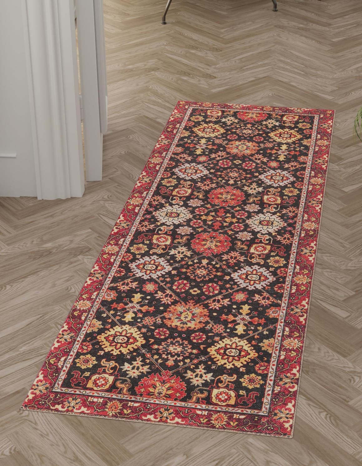 Washable Black 2' 7 x 12' Timeless Runner Area Rug Easy to Clean Stain Resistant & Durable Traditional Classic Vintage Design Carpet for Sale at Rug Engine