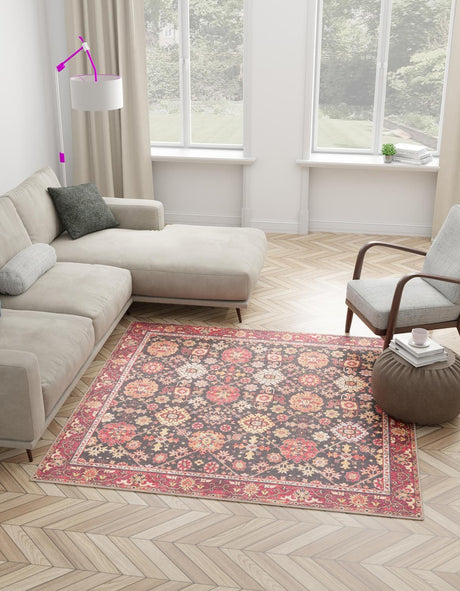 Washable Black 7' 10 x 7' 10 Timeless Square Area Rug Easy to Clean Stain Resistant & Durable Traditional Classic Vintage Design Carpet for Sale at Rug Engine