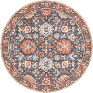 Washable Navy Blue 2' x 2' Timeless Round Area Rug Easy to Clean Stain Resistant & Durable Traditional Classic Vintage Design Carpet for Sale at Rug Engine