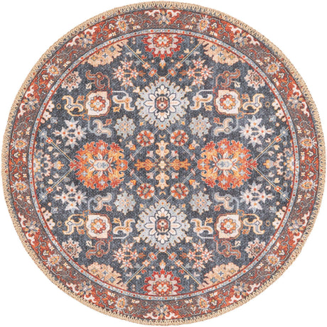 Washable Navy Blue 2' x 2' Timeless Round Area Rug Easy to Clean Stain Resistant & Durable Traditional Classic Vintage Design Carpet for Sale at Rug Engine