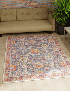 Washable Navy Blue 4' 1 x 6' 1 Timeless Rectangle Area Rug Easy to Clean Stain Resistant & Durable Traditional Classic Vintage Design Carpet for Sale at Rug Engine