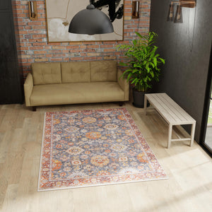 Washable Navy Blue 6' 1 x 9' Timeless Rectangle Area Rug Easy to Clean Stain Resistant & Durable Traditional Classic Vintage Design Carpet for Sale at Rug Engine