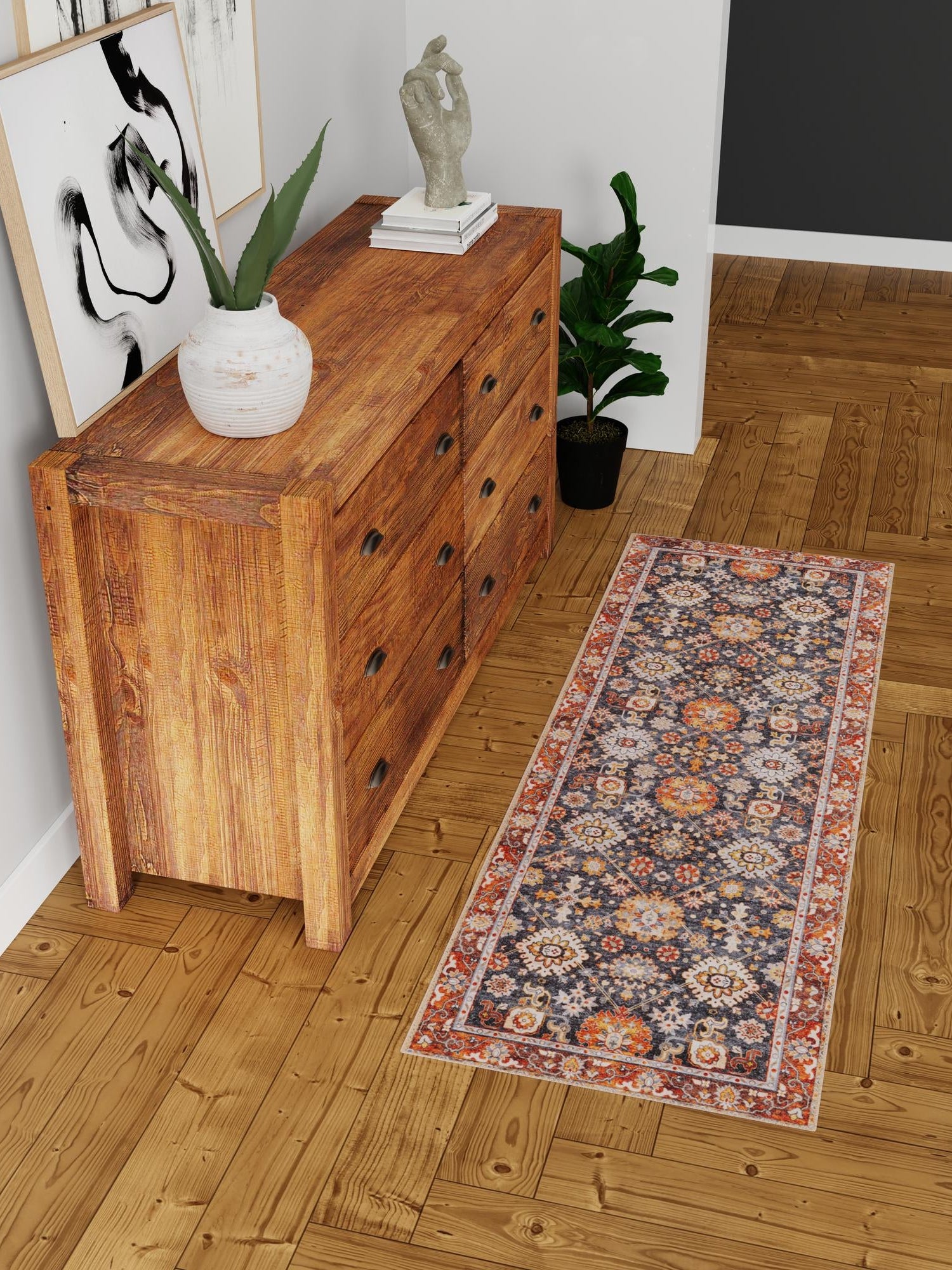 Washable Navy Blue 2' 7 x 10' Timeless Runner Area Rug Easy to Clean Stain Resistant & Durable Traditional Classic Vintage Design Carpet for Sale at Rug Engine