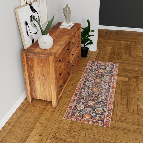 Washable Navy Blue 2' 7 x 10' Timeless Runner Area Rug Easy to Clean Stain Resistant & Durable Traditional Classic Vintage Design Carpet for Sale at Rug Engine