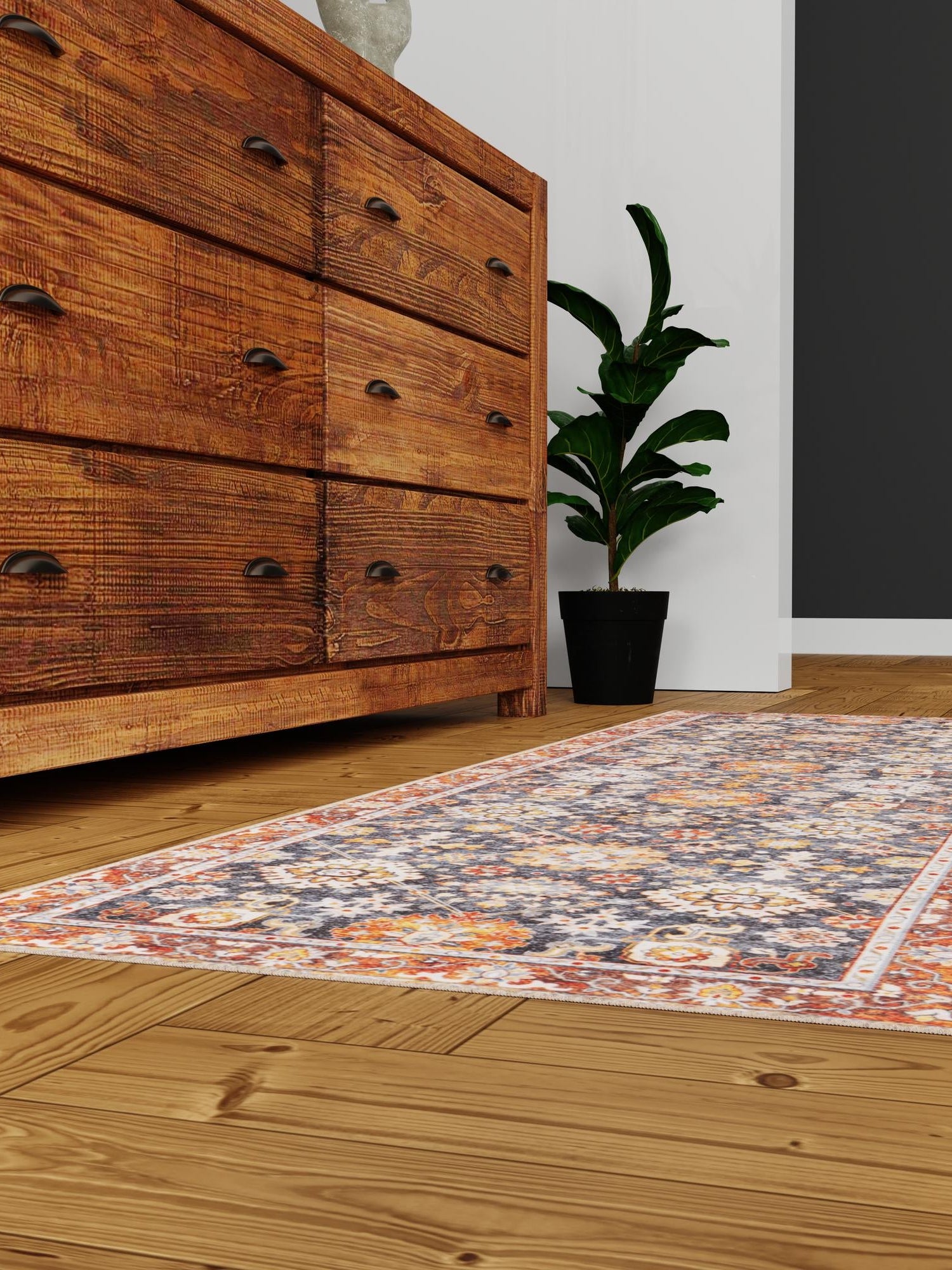 Washable Navy Blue 2' x 6' 1 Timeless Runner Area Rug Easy to Clean Stain Resistant & Durable Traditional Classic Vintage Design Carpet for Sale at Rug Engine
