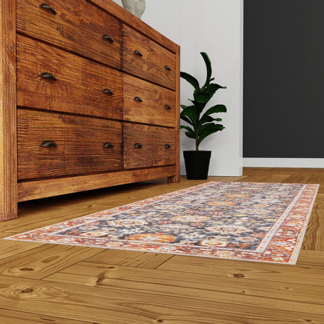 Washable Navy Blue 2' 7 x 10' Timeless Runner Area Rug Easy to Clean Stain Resistant & Durable Traditional Classic Vintage Design Carpet for Sale at Rug Engine
