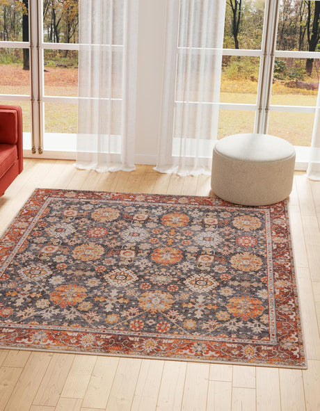Washable Navy Blue 7' 10 x 7' 10 Timeless Square Area Rug Easy to Clean Stain Resistant & Durable Traditional Classic Vintage Design Carpet for Sale at Rug Engine